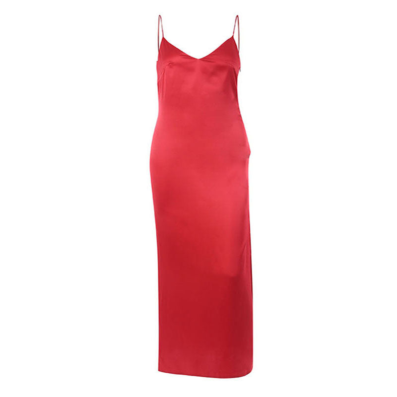 Sexy Satin V Neck Maxi Dress  Spaghetti Strap
