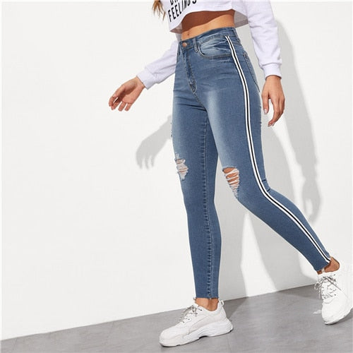 SweatyRocks Stripe Side Ripped Skinny Jeans