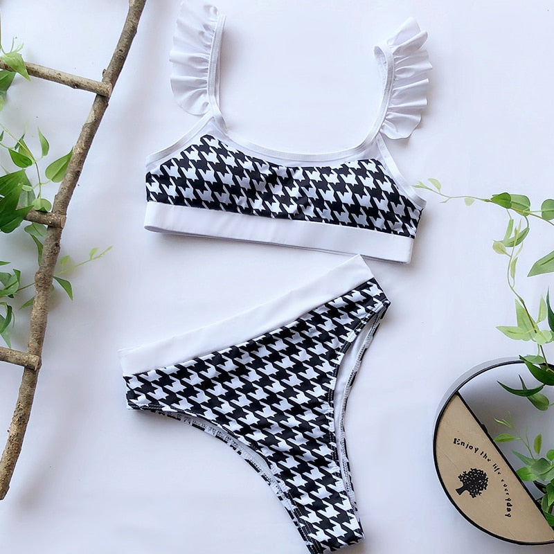 High waist swimsuit Plaid mesh bikini