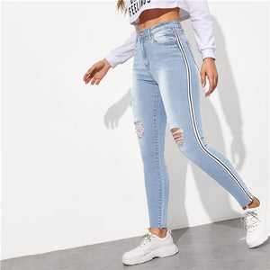 SweatyRocks Stripe Side Ripped Skinny Jeans