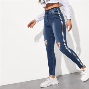 SweatyRocks Stripe Side Ripped Skinny Jeans