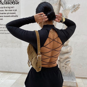 bandage backless long sleeve tops