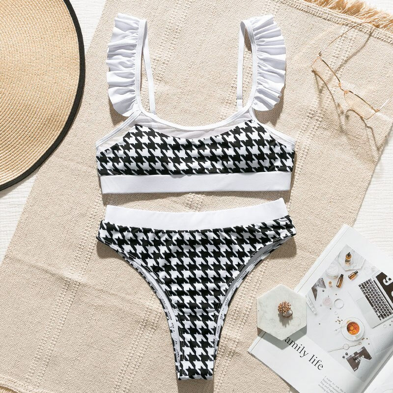 High waist swimsuit Plaid mesh bikini