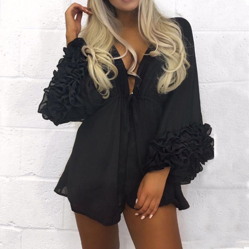 Blouse Ruffle Kimono Shirts Deep V