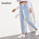SweatyRocks Stripe Side Ripped Skinny Jeans