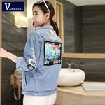 Women Frayed Denim Bomber Jacket