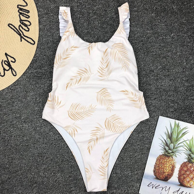 Sexy Leaf Print One Piece Swimsuit