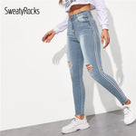 SweatyRocks Stripe Side Ripped Skinny Jeans