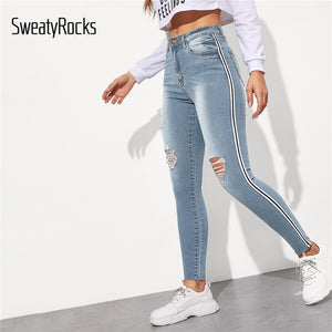 SweatyRocks Stripe Side Ripped Skinny Jeans