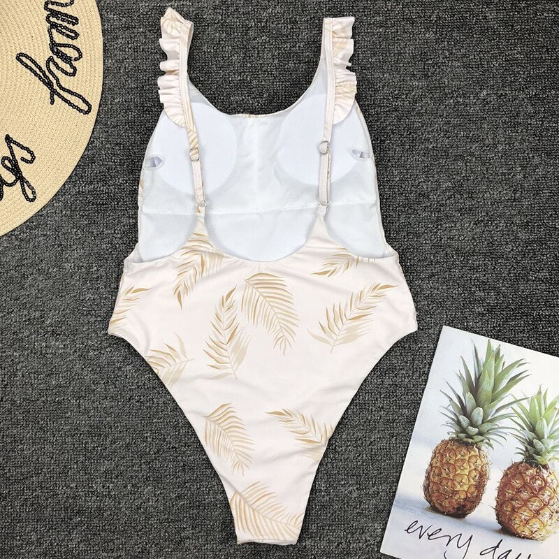 Sexy Leaf Print One Piece Swimsuit