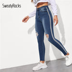 SweatyRocks Stripe Side Ripped Skinny Jeans