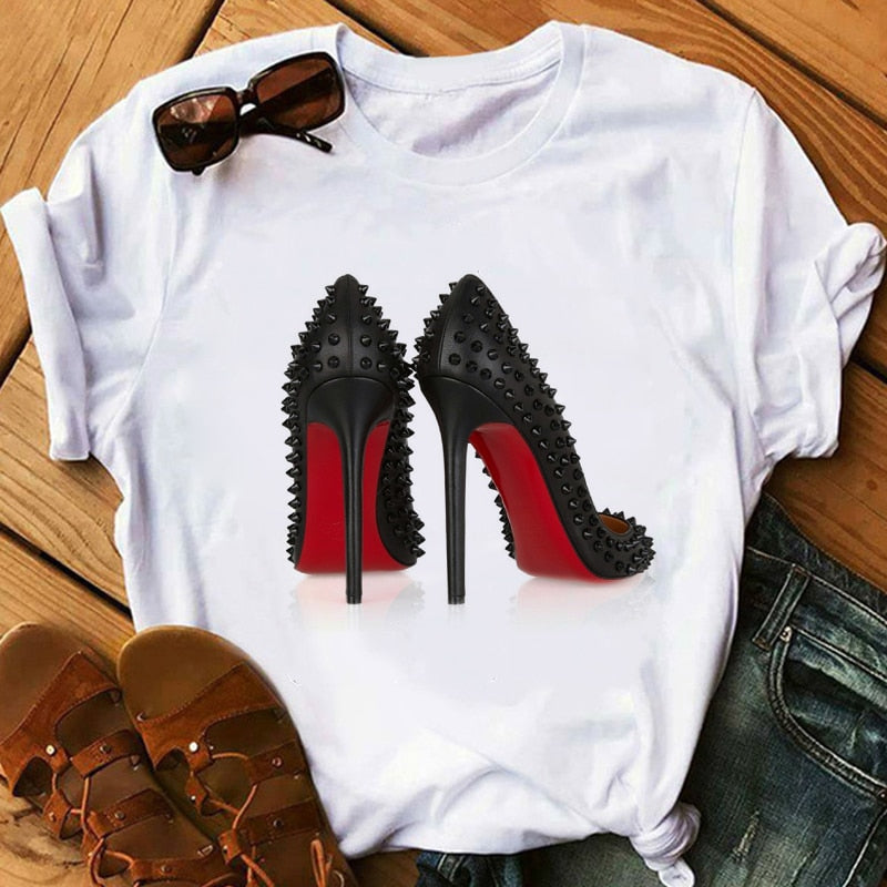 high heels shoes print vogue t shirt